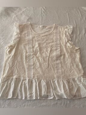 BREA Canyon Off White Lace Tier Ruffle Flutter Sleeves Peplum Blouse XL